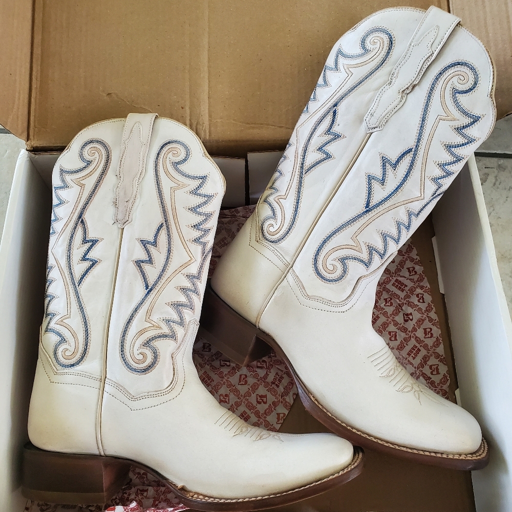 NIB Women's Leather Dan Post Sugar White Blue Square Toe Cowboy Boots 10